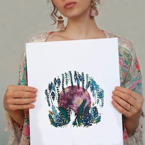 11x14&quot; Art Print Jungle Moon Watercolor Painting, Wanderlust, Sagittarius Moon, Whimsical Starry Illustration, Full Moon Flowers,Wall Art