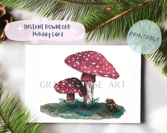 Printable Mushroom Card, Winter Nature Forest Holiday Greeting Card, Instant Download, Digital File, Christmas / Yule Card, Amanita Muscaria