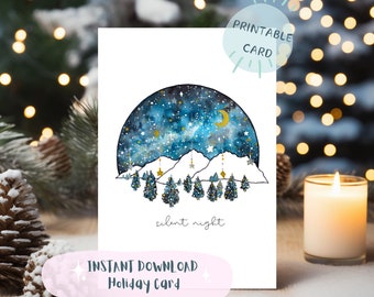 Printable Silent Night Holiday Card, Instant Download Card, Christmas, Cosmic Landscape Holiday Greeting Card, Digital File, Winter Whimsy