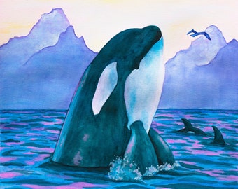 8x10" Art Print Orca Whale Watercolor Painting