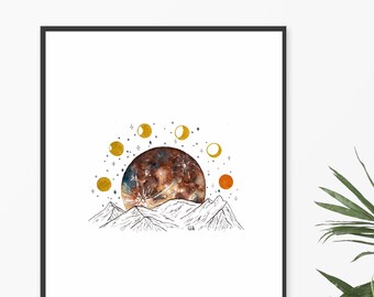 11x14" Art Print Supermoon Rising, Watercolor Painting, Lunar Phases Illustration, Moonrise Mountains Scene, Super Blue Blood Moon