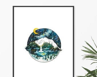 11x14" Art Print Cosmic Mountain, Nature Night SkyScene,WhimsicalStarryWatercolorIllustration,WaterfallNatureForestMoon,Mt Rainier,Landscape