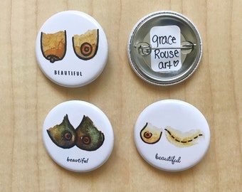 Variety of 25 Boobs Pin-back Buttons, Beautiful Boob Pins, Backpack or Jacket style,Funny Inclusive,BreastCancerAwareness, Self love