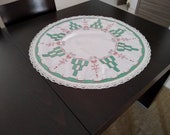 Vintage Embroidered Linen Small Tablecloth. Crochet Lace Edges.Antique Linen.Mother 39 s day gift.