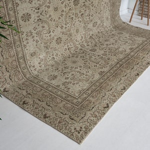Antique Oushak Rug 6x9: Vintage Brown Beige Green Wool Mahal Rug