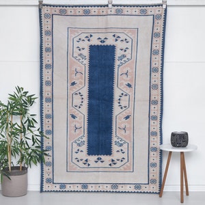 Vintage Oushak Wool Rug (3.7x5.6 ft) - Beige & Blue Turkish Rug