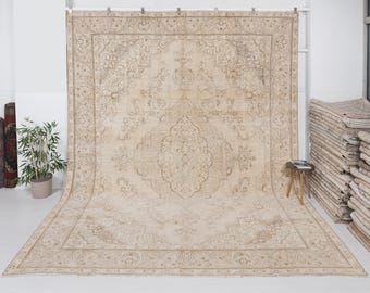 Neutral Beige Antique Wool Rug 10x12 Handwoven Persian Style Rug