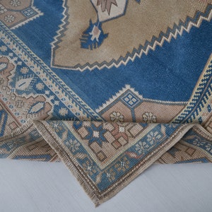 Persian Rug Blue, 5X9 Neutral Oushak rug, Vintage rug, Handknotted rug,Faded rug, 9.1x4.9ft, faded mutted color rug, Turkish rug,Carpet rug,