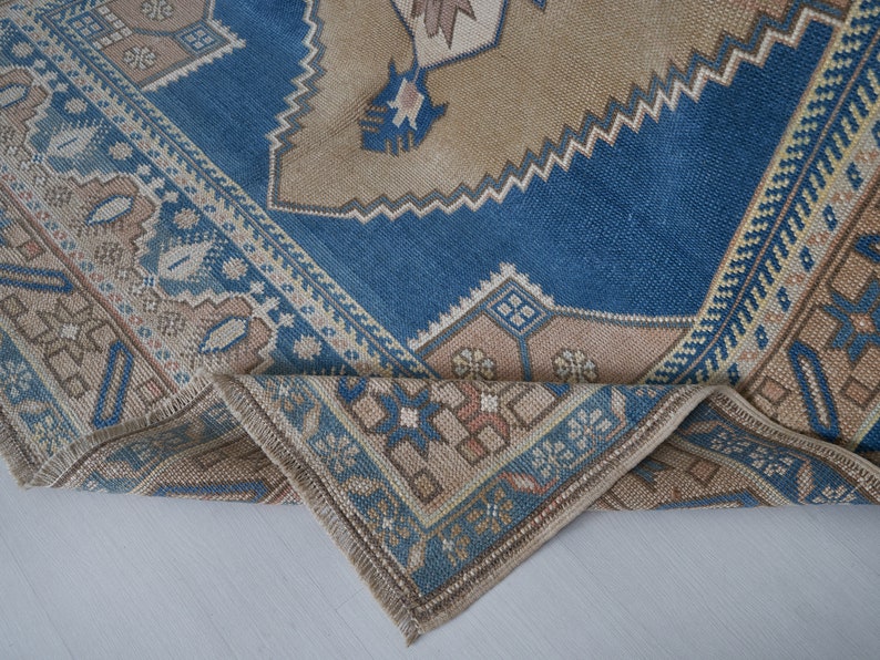 Persian Rug Blue, 5X9 Neutral Oushak rug, Vintage rug, Handknotted rug,Faded rug, 9.1x4.9ft, faded mutted color rug, Turkish rug,Carpet rug,