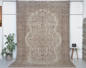 Neutral Vintage Oushak Rug + Turkish Area Rug + Rug + Persian Rug + Handmade Rug + Wool Rug + Anatolian Rug + 7x9 Rug + Beige Rug