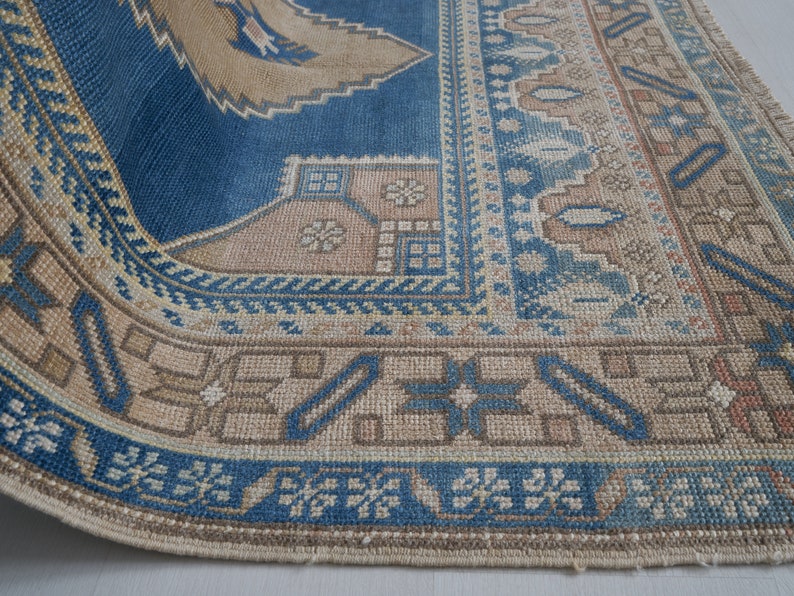 Persian Rug Blue, 5X9 Neutral Oushak rug, Vintage rug, Handknotted rug,Faded rug, 9.1x4.9ft, faded mutted color rug, Turkish rug,Carpet rug,