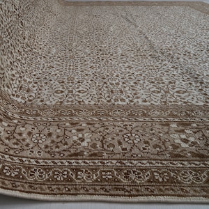 Handmade Beige Oushak Rug: Vintage Wool Area Carpet (12.1x8.2 ft)