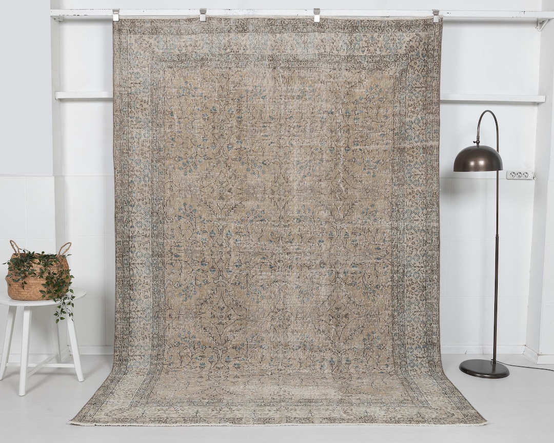 Vintage Neutral Rug 7x10 – Warm Beige Blue Scandinavian Style Carpet - Etsy