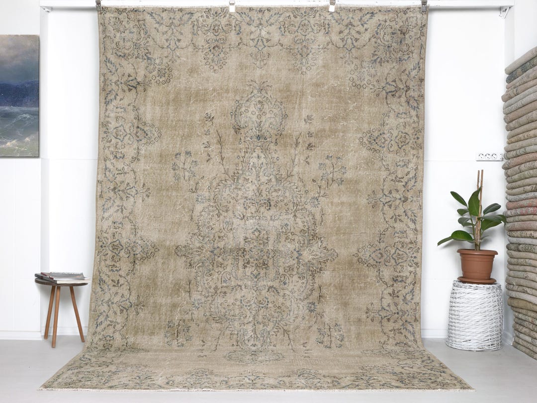 Vintage Neutral Rug 7x11 - Beige Blue Turkish Wool Carpet - Etsy