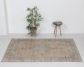Vintage Turkish Rug, 4x7 Neutral Oushak Rug, Beige & Blue Handwoven Carpet