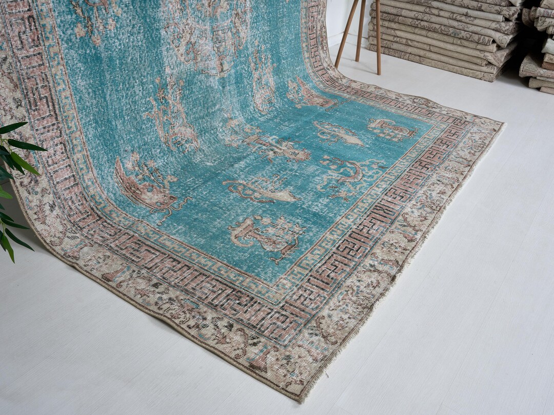 Turquoise Mediterranean Rug Large Turquoise Oriental Rug 6.6x10 Ft Vintage Handmade Turkish Wool ...