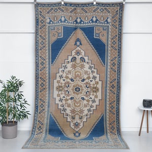 Persian Rug Blue, 5X9 Neutral Oushak rug, Vintage rug, Handknotted rug,Faded rug, 9.1x4.9ft, faded mutted color rug, Turkish rug,Carpet rug,