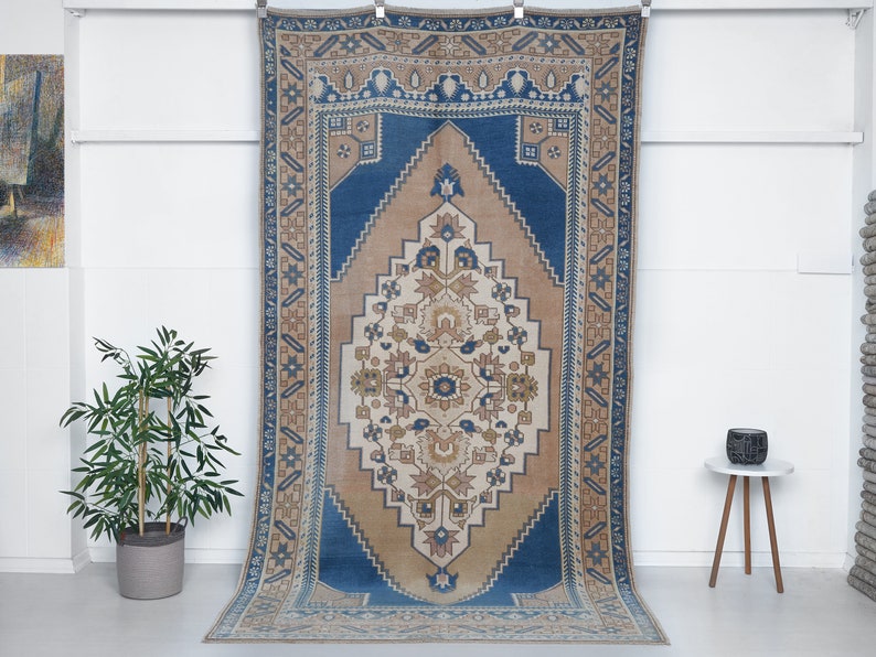 Persian Rug Blue, 5X9 Neutral Oushak rug, Vintage rug, Handknotted rug,Faded rug, 9.1x4.9ft, faded mutted color rug, Turkish rug,Carpet rug,