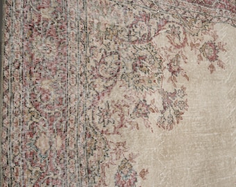 Alfombra vintage de lana Oushak: Alfombra de área color terracota beige de 2,95 x 2,05 m.