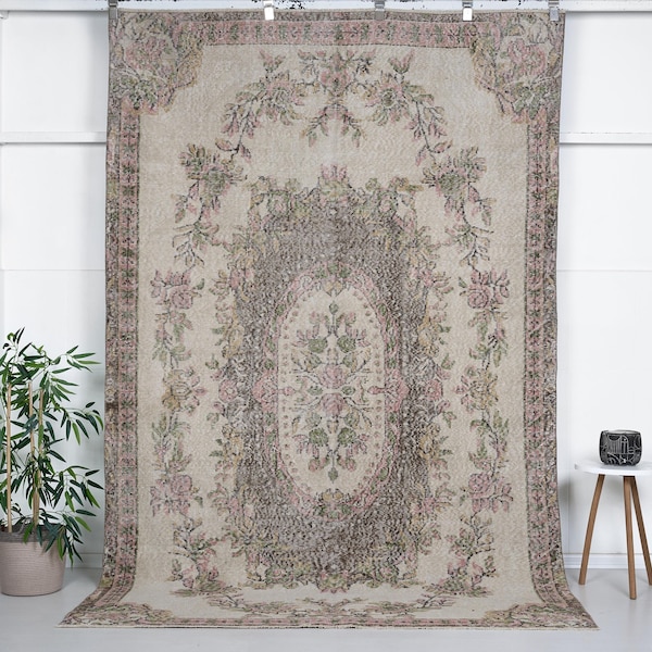 Vintage French Style Rug 6x9 ft – Cream Pink Green Floral Handwoven Carpet