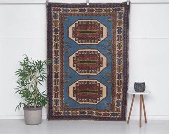 blue vintage rug + blue small rug + blue turkish rug + blue handmade rug + 3'10x5'6 Ft Rug + blue oushak rug + 4x5 rug + blue carpet