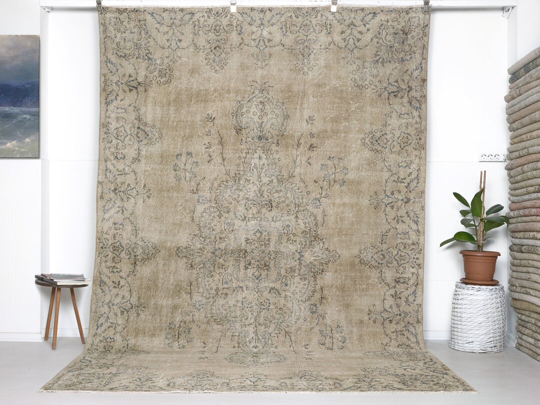 Worn Curio Rug 7x10 Neutral Area Rug Beige and Blue Rug Antique Wool