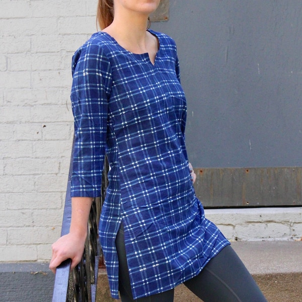 Women' s Natural Indigo Block Print Tunic - 100% Natural Indian Cotton