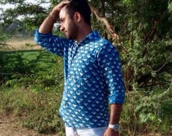 Men's Indigo Block Print Button Up Shirt MADE TO ORDER