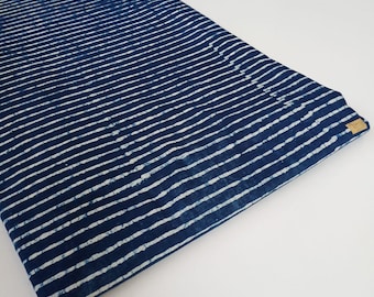 Striped Indigo Hand Block-Printed Fabric, 100% Cotton