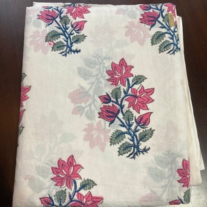 Hand Block-Printed, 100% Cotton Fabric White Floral Design image 6