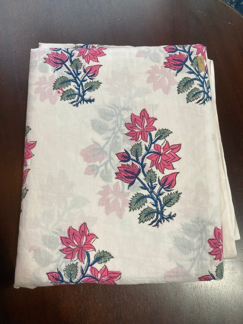 Hand Block-Printed, 100% Cotton Fabric White Floral Design image 6