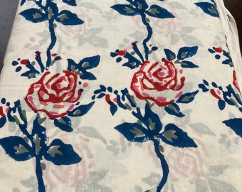 Hand Block-Printed, 100% Cotton Fabric  White Floral Design