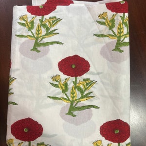 Hand Block-Printed, 100% Cotton Fabric White Floral Design image 2