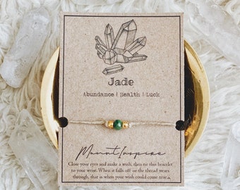 Jade Kristall Wunsch Armband, Hanfschnur Schmuck, Achat, Heilende Kristalle, Umweltfreundliches Geschenk, minimalistisches Design, Gold Glas Perlen
