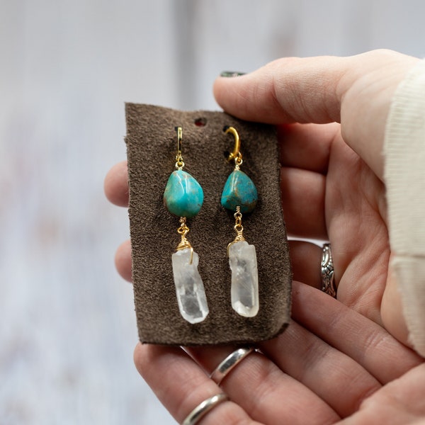 Turquoise and Quartz Point Earrings, Arizona Inspired, Travel Reflections, Elegant Silver Detail, Nature-Inspired, Summertime Charm