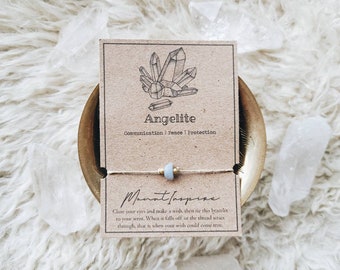 Bracelet de souhaits en cristal d'angélite, bijoux en cordon de chanvre, agate, cristaux de guérison, cadeau respectueux de l'environnement, design minimaliste, perles de verre dorées