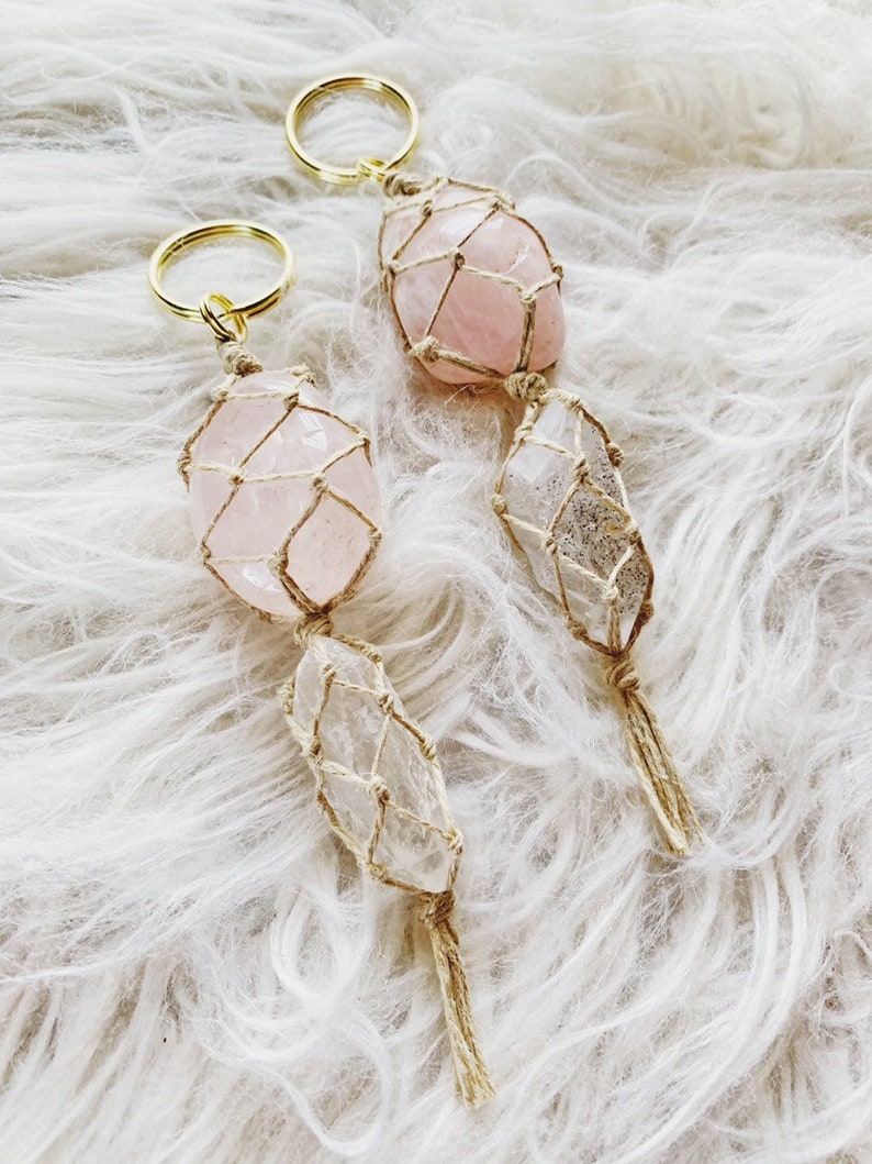 Rose Quartz Crystal Keychain Boho Style Crystals Etsy