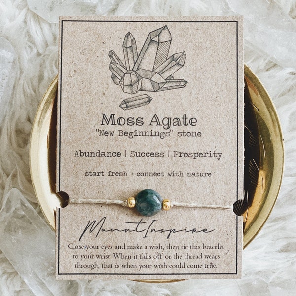 Moss Agate Crystal Wish Bracelet, Hemp Cord Jewelry, Agate, Healing Crystals, Eco-Friendly Gift, Minimalist Design, Gold Glass Beads