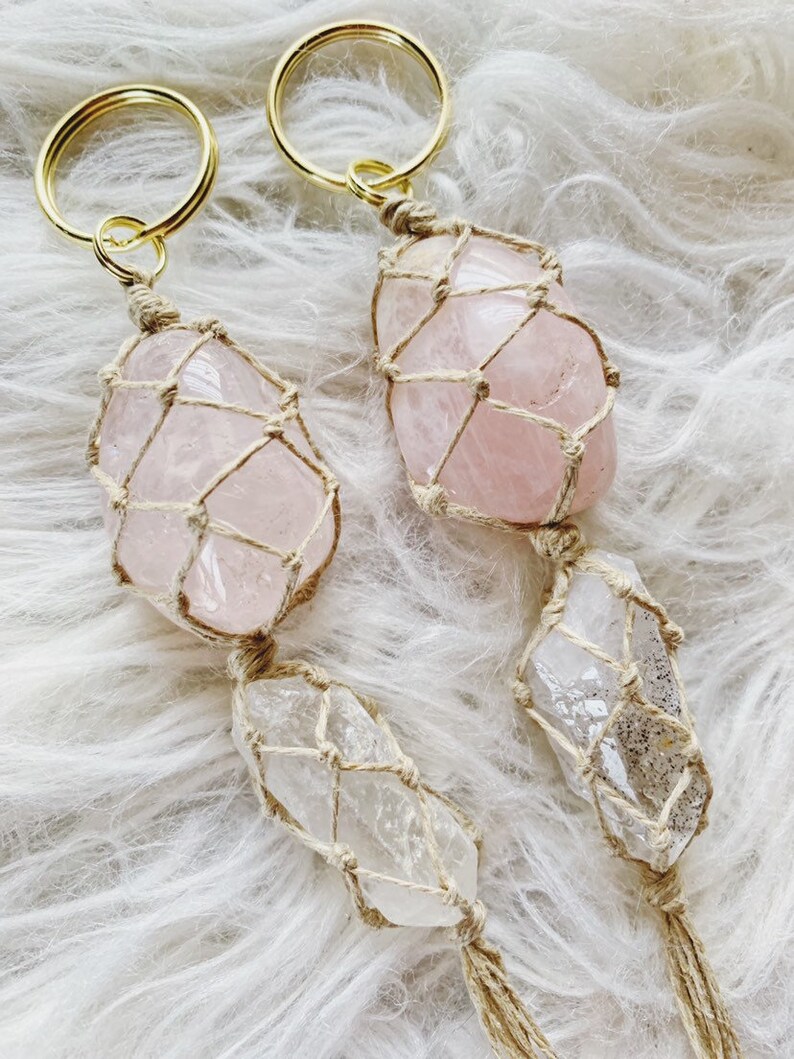 Rose Quartz Crystal Keychain Boho Style Crystals Etsy
