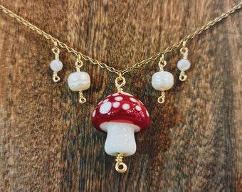 Mushroom + Pearls | Mushroom Necklace | Bead Necklace | Wire Wrapped Necklace