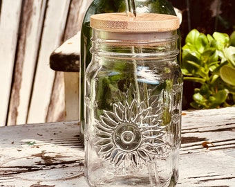 Sunflower! Iced Coffee Glass, Bamboo Lid & Straw 16oz or XL32oz Mason Jar Iced Coffee Cup-Modern Farmhouse- Metal Lid/2 straws