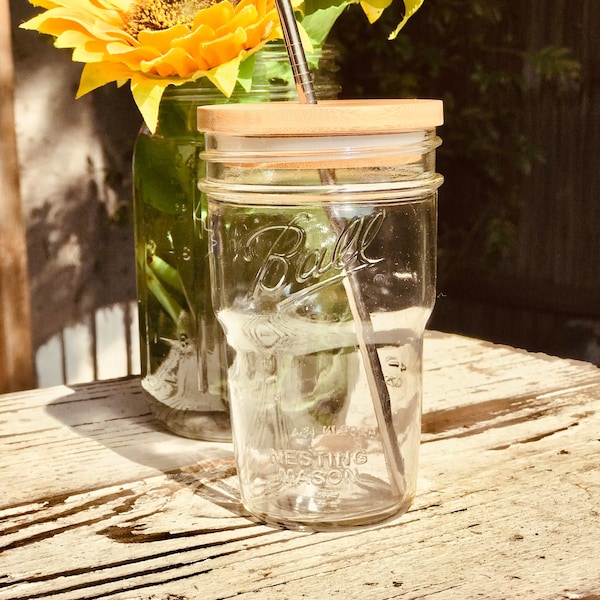 Iced Coffee Glass, Bamboo Lid and Straw - Mason Jar w/ Lid - Glass Tumbler - Iced Coffee Cup - Cold Brew - Boba Cup - Modern Farmhouse