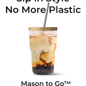 Glass Tumbler with Straw and Lid - 16 oz- fits in Cupholder - Mason Jar Tumbler - Iced Coffee Cup - Bamboo Lid  - Boba Cup - Smoothie Cup