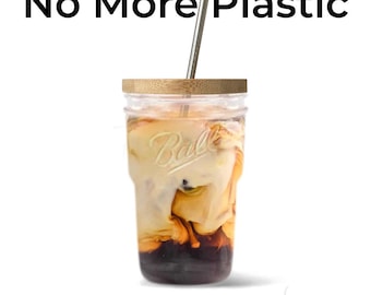 Glass Tumbler with Straw and Lid - 16 oz- fits in Cupholder - Mason Jar Tumbler - Iced Coffee Cup - Bamboo Lid  - Boba Cup - Smoothie Cup