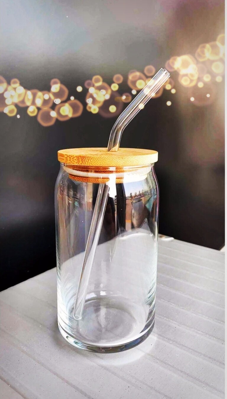 Set of 2 16oz Beer Can Glass With Bamboo Lid & Glass Straw Minimalist ...