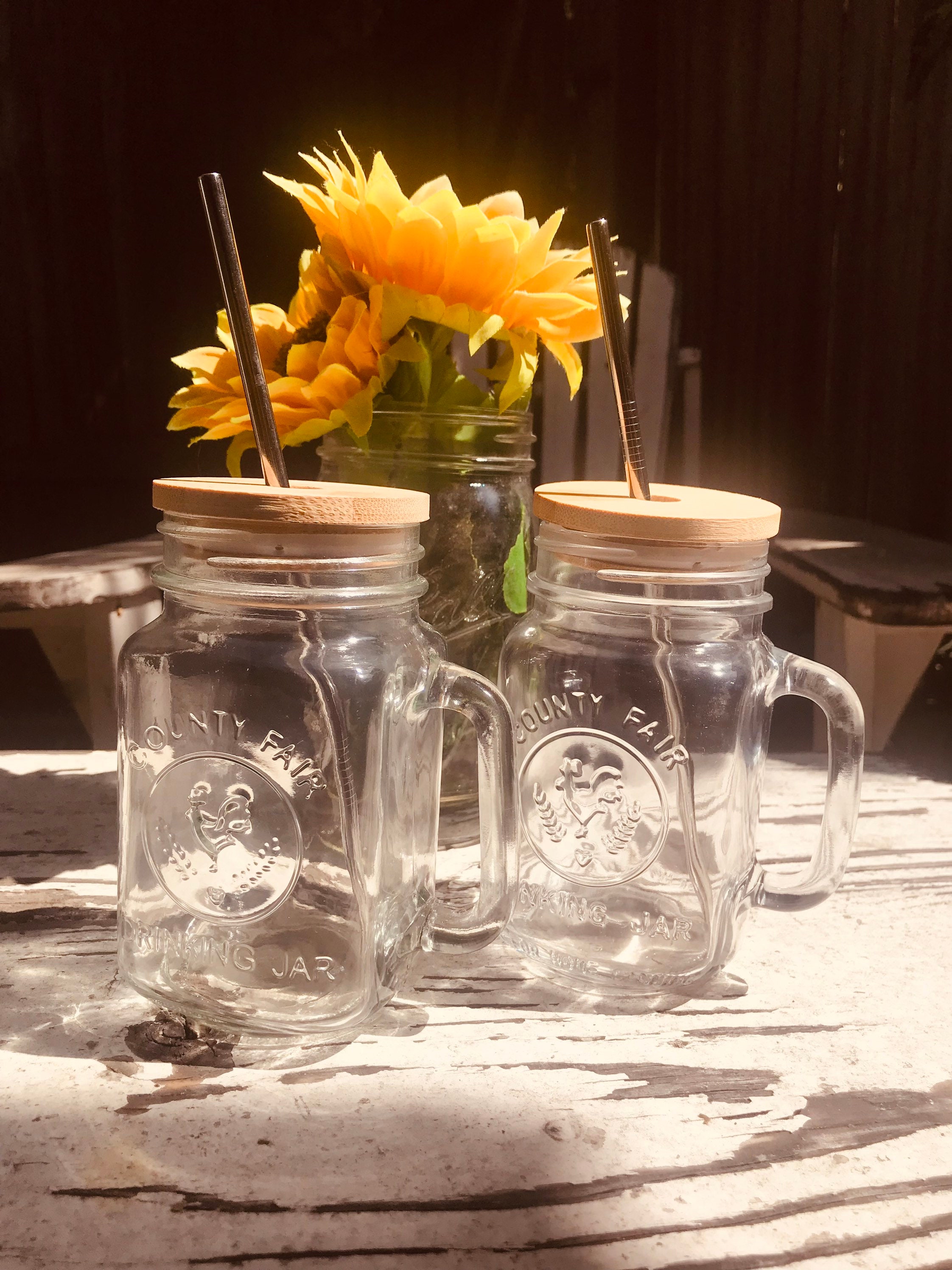 Mason Drinking Jars set of 4 With Bamboo Lid & Metal Straw Cup With Handle Iced  Coffee Cup Farmhouse Aesthetic lemonade Iced Tea 