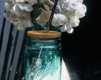 Blue Mason Jar Cup with Bamboo Lid and Straw, Extra Tinplate Lid, 16oz Regular Mouth, Collector’s Edition