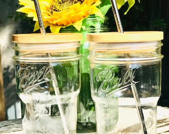 Mason Jar Iced Coffee Cup Set Bamboo Lid & Stainless Steel Straw Nesting Mason Jars