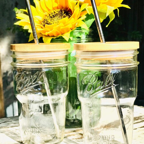 Mason Drinking Jars set of 4 With Bamboo Lid & Metal Straw Etsy