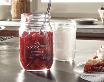 Mason Jars 4th of July Ball Stars and Stripes with Bamboo Lids and Straws - Set of 4